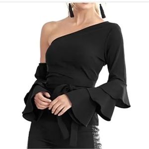 Venus ruffle sleeve one shoulder tie waist black shirt
